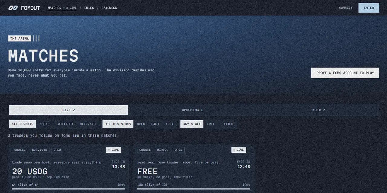 The matches screen of FOMOUT: live matches, survivors, the floor
